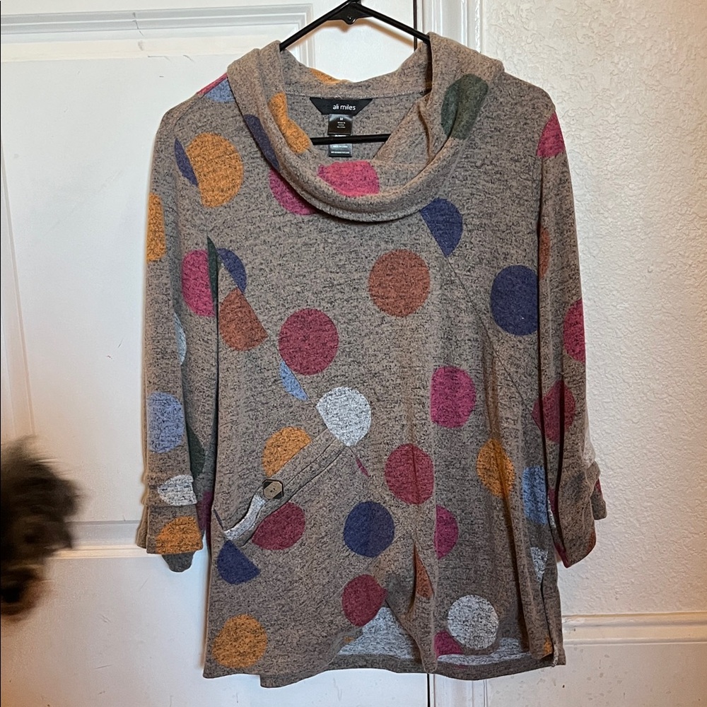 Ali Miles Gray Multicolor Polka Dot Cowl Neck Sweater